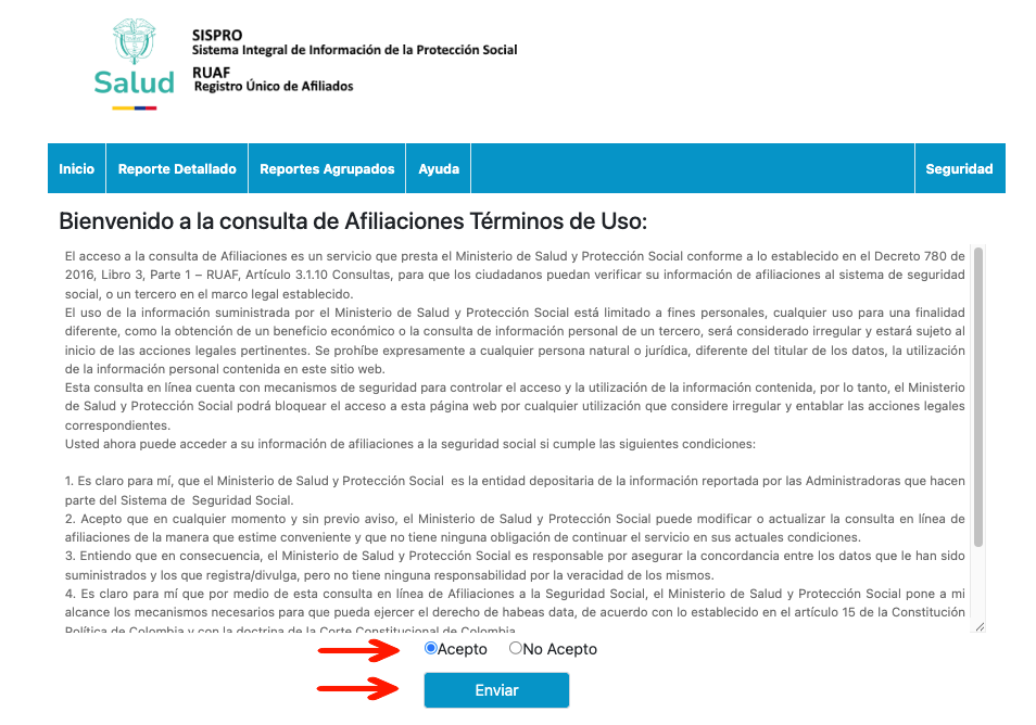 aceptar terminos de uso de ruaf sispro para consultar